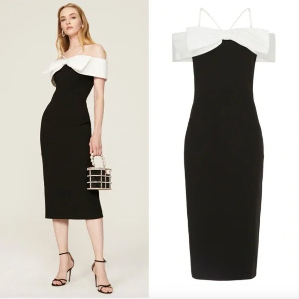 REBECCA VALLANCE Hepburn Bow Midi Dress Size 2 Two Tone Black White‎
